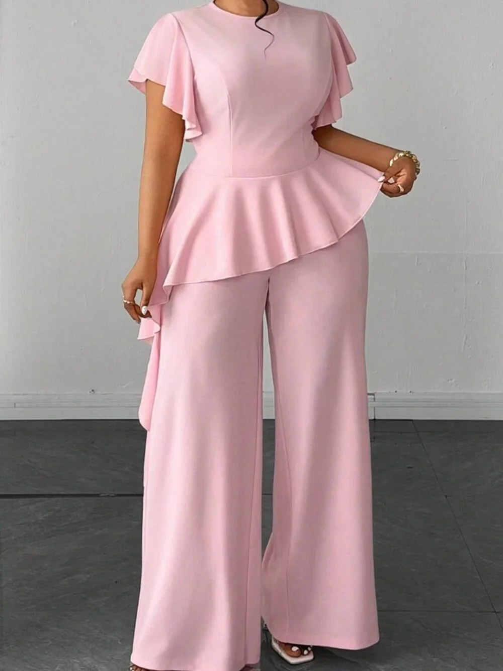 Baby Pink Elegant Women's Plus Size Round Neck Top And Wide Leg Pants Set